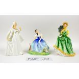 Five Royal Doulton figures to include Giselle (HN2139), Ascot (HN2356), Susan (HN2952), Bride (