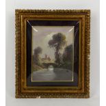 Continental Oil, river landscape with bridge and buildings beyond in gilt frame.