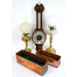 19th Century mahogany barometer, two oil lamps and two copper pans .