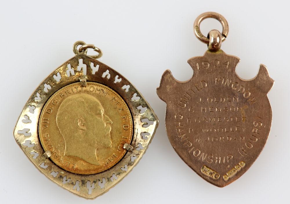 1910 sovereign in pendant mount and 1920's gold medal, reverse engraved '1924 United Kingdom - Image 2 of 2