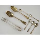 Pair of William silver berry spoons London 1830 makers mark CC, 19th century white metal sugar tongs