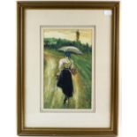 Portrait of Edwardian Woman with Umbrella, going to market. Watercolour with bodycolour. Signed with