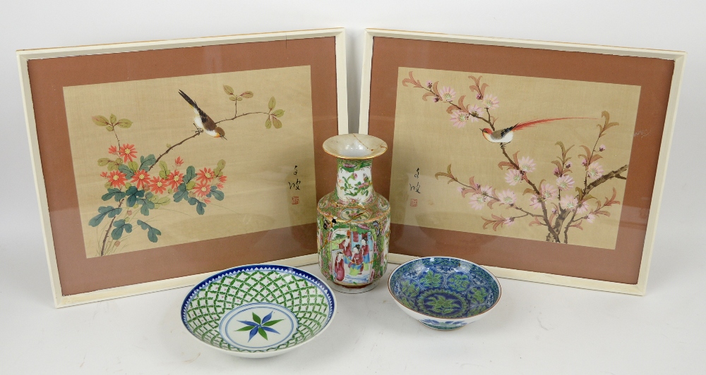 Two Chinese silk panels, a vase and two dishes. (5).