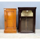 Victorian bedroom mirror, a glazed corner cupboard, a pot cupboard, a brass tray and a mahogany tray