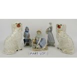 Three figures by Lladro, a pair of Staffordshire spaniels and other decorative ceramics.