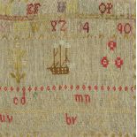 19th century Sampler of ship and alphabet February 18..24cm x 25cm and two embroideries of Crinoline