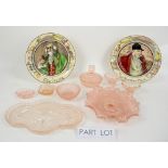 Royal Doulton plates, a quantity of glass including pink moulded dressing table set, and a pair of