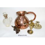 Silver-mounted claret jug, selection of silver-plated items including two acorn pepperettes, snuff