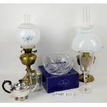 Two oil lamps, a Royal Doulton crystal bowl (boxed) and a quantity of cut glass and silver plate. (