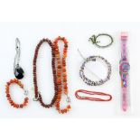 Collection of costume jewellery, banded agate and faceted jasper bead necklaces, coral necklace,