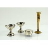 Silver items to include a spill vase, pair of sterling open salts without liners and a trinket