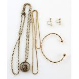 Collection of mainly gold jewellery, toque bangle, St. Christopher and chain, pearl earrings and