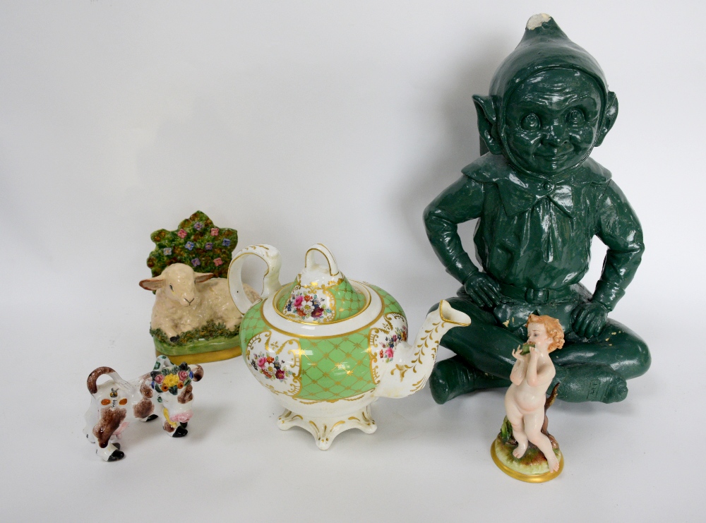 Sitzendorf porcelain candleholders, a green painted garden pixie and various decorative ceramics.