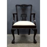 19th Century mahogany Chippendale style armchair with pierced slat back dropping seats on cabriole
