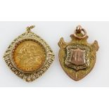 1910 sovereign in pendant mount and 1920's gold medal, reverse engraved '1924 United Kingdom