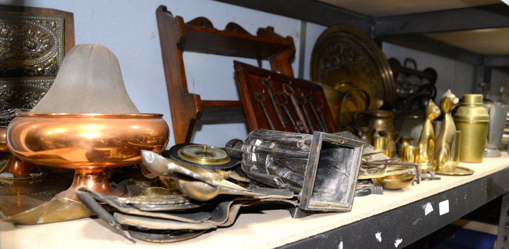 Large collection of metal wares to include chargers, fire irons, various pots, collection of old - Image 4 of 4