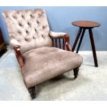 Mahogany button back armchair and an oak occasional table..