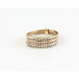 Modern three band diamond set half eternity ring, round brilliant cut diamonds, channel set in 9