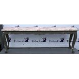 Low painted console table with faux marble top.