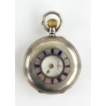 Silver-cased half-hunter pocket watch, with blue enamel Roman numerals, 5 cm diam.