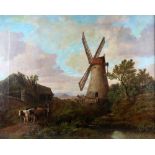 Late 19th/early 20th century, Welsh School, landscape scene with figures, cattle and windmill,