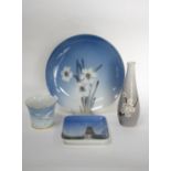 Bing and Grondahl, Denmark, two dishes and a stem vase, plus a plate by Royal Copenhagen (4 in lot).