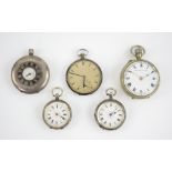 Five silver-plated pocket watches, including one half hunter 5 cm diam., and four full hunters, (