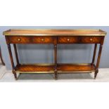 19th century style marqurety inlaid side table with four drawers raised on reed column supports