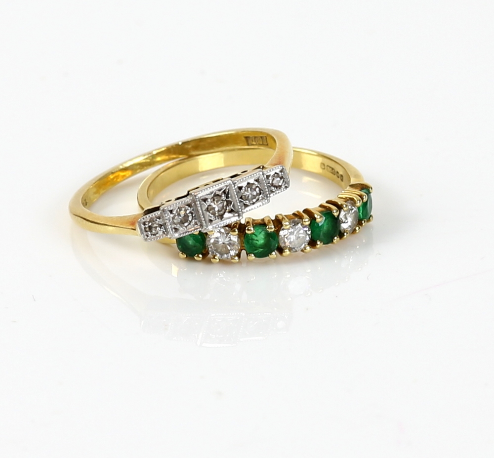 1960's diamond ring, set with five Swiss cut diamonds, and emerald and diamond ring, both mounted in - Image 2 of 2