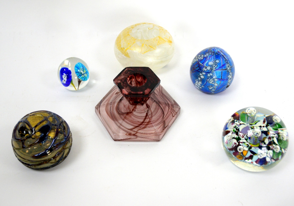 Glass paperweights, signed Siddy Langley, Caithness and others, glass decanters, vases and other