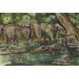 Ravikanth Dharmasiriwardena (Ski Lankan). Pigment on paper of an elephant herd at a watering hole,
