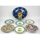 19th century cat character jug, four 19th century botanical plates, 19th century Famille rose plate,