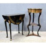 A Chinese style black lacquered table with two chairs and a work table. (4).