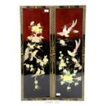 Two Japanese lacquer and mother of pearl panels, a Chinese soapstone picture and pierced hardwood