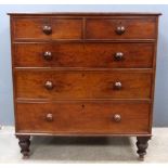 19th century mahogany chest of two short over three long graduated drawers on turned feet,.
