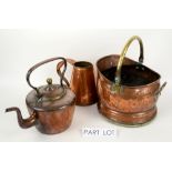 Copper pots and pans, coal scuttle, other copper and a brass bell.