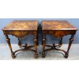Pair of Oyster veneered walnut side tables in 18th century style .