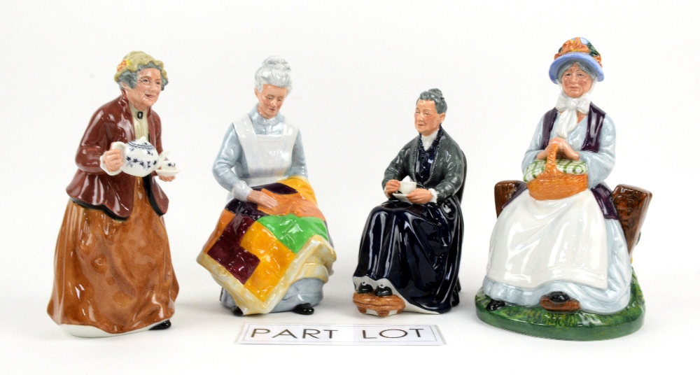 Four Royal Doulton figures to include Teatime (HN2255), The Cup of Tea (HN2322), Rest Awhile (