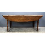 19th century cherrywood wake table on turned supports, 72cm x 190cm . General surface scratches