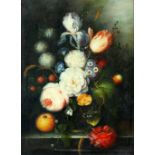 English School, still-life of flowers, oil, 38.7 x 28.5cm. Modern.Painted on a surface which gives