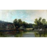 Stanley Larpont Allan, Riverscape with Pub and weir, oil on canvas, signed, 45cm x73cm.