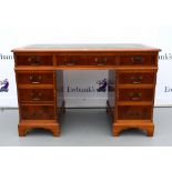 Reproduction yewwood veneered pedestal desk,.