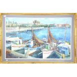 Miguel Caibouell dock scene signed oil on canvas .
