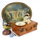 Print on canvas dancing maidens in ornate oval frame, a vintage suitcase with Ronson lighters, a