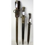 19th century dagger/bayonet with wooden handle leather and metal sheath, 51cm and and two others