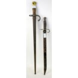 19th century French sword/bayonet, engraved blade, dated 1877 in metal sheath, 66cm and another