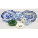 Spode Newstone blue and white transfer printed meat plate, two other meat plates, jugs, cabbage leaf