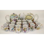 Russian ceramic tea service comprising two teapots and fifteen mugs, hand painted with scenes of