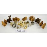 Collection of silver plated cutlery and carved wooden animal napkin rings,