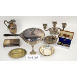 Silver pill box, Chester 1913, and various silver plated item including a warming pan, cutlery,